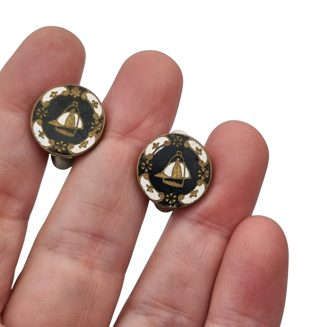 Antique enameled cufflinks with emblem, marked "C&Cº", Europe circa 1890-1920