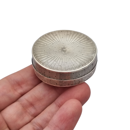 Antique round guilloche silver box with gilt interior, France, Neoclassical style, circa 1880