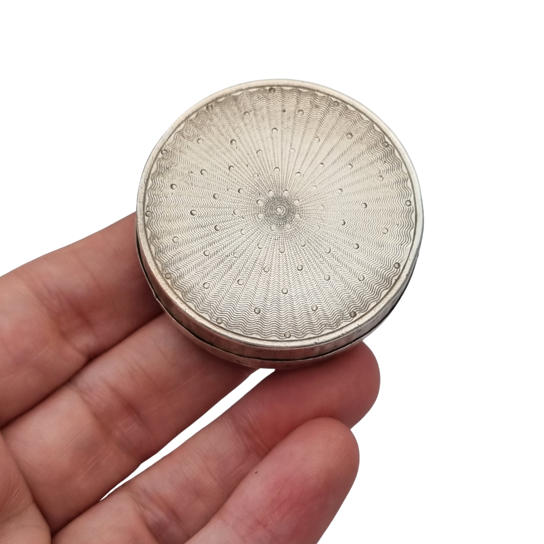 Antique round guilloche silver box with gilt interior, France, Neoclassical style, circa 1880