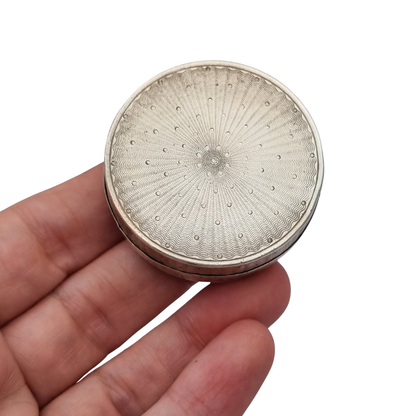 Antique round guilloche silver box with gilt interior, France, Neoclassical style, circa 1880