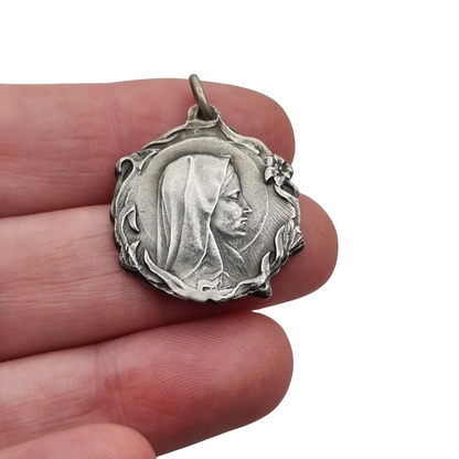 Antique Modernist Silver Madonna Medal, Art Nouveau Religious Jewelry, Spain, c. 1920