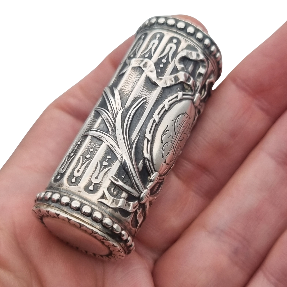 Antique Louis XVI Revival silver perfume bottle with monogram and stopper