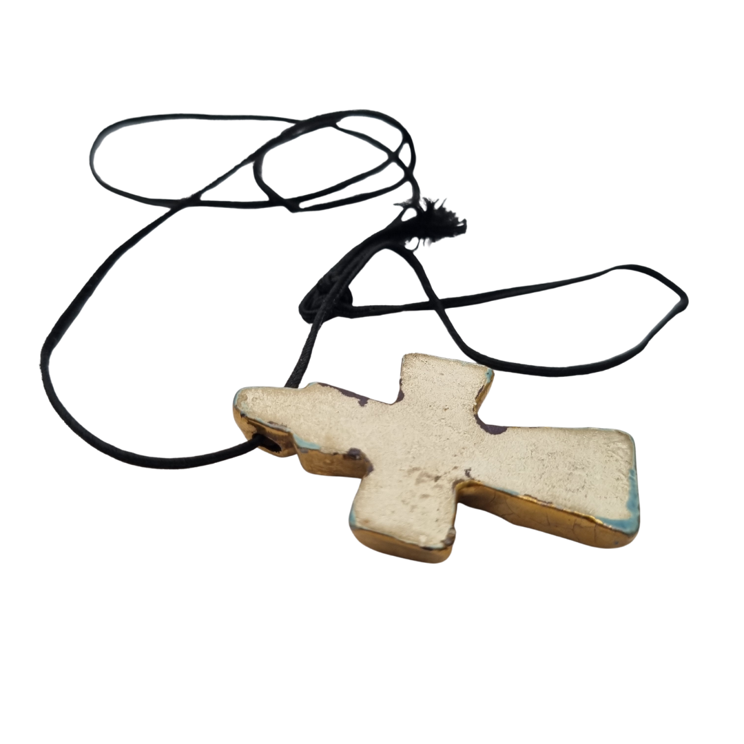 French enamelled ceramic hanging cross blue gold handmade circa 1960