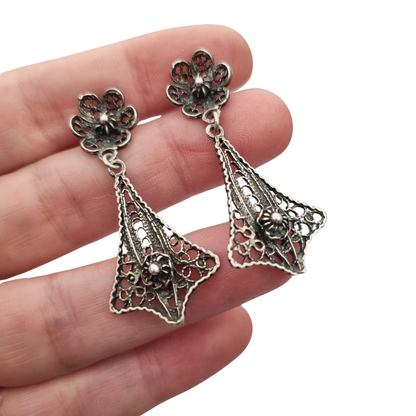 70s-80s openwork filigree teardrop silver earrings