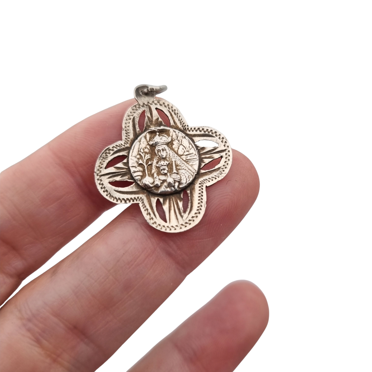 Antique openwork silver medal of the Virgin of Montserrat, Catalan devotional souvenir, ca. 1920-1950