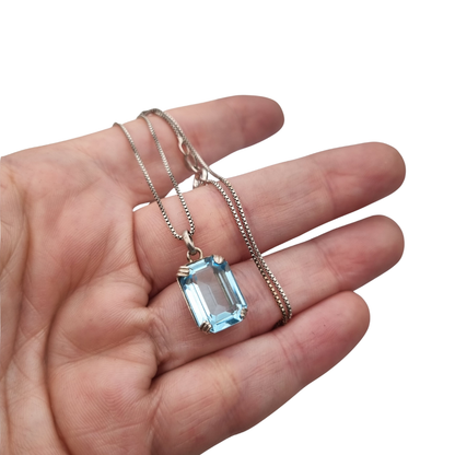 Art Deco sterling silver necklace with rectangular faceted blue stone pendant, Circa 1980s-90s