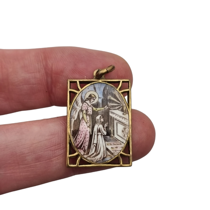 Medalla religiosa antigua esmaltada con Ángel de la Guarda, estilo Art Déco, circa 1920-1930
