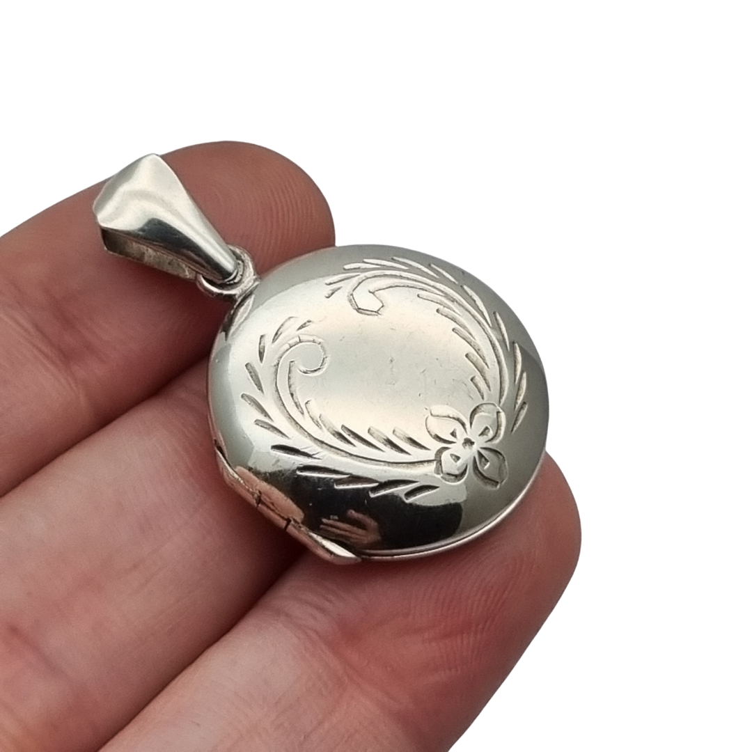 925 Sterling Silver Locket Pendant, Spain, Oval Floral Medallion, Circa 1980-90