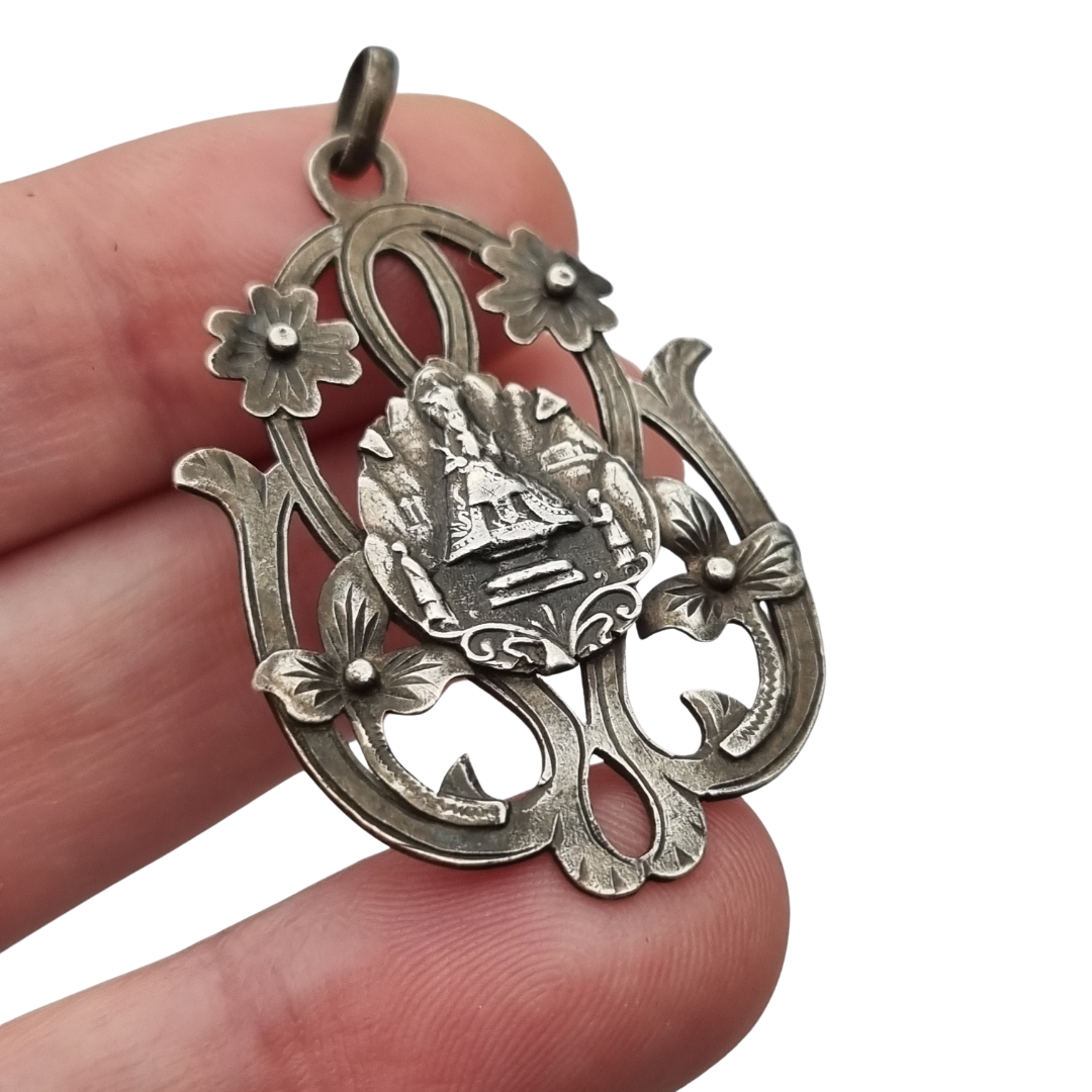 Art Nouveau silver pendant, Our Lady of Montserrat, La Moreneta, religious jewelry, 1920