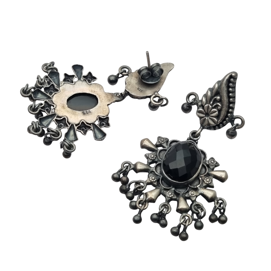 925 silver ethnic chandelier earrings with onyx, boho paisley design from India circa 1990