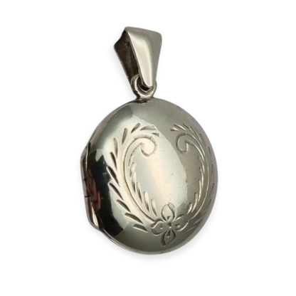 925 Sterling Silver Locket Pendant, Spain, Oval Floral Medallion, Circa 1980-90