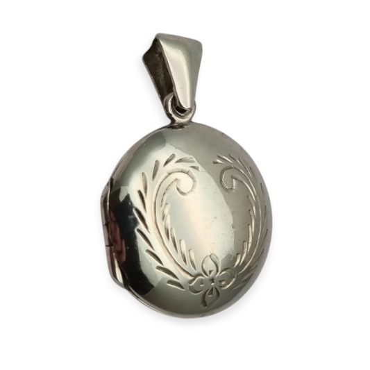 Colgante guardapelo en plata 925, España, medallón ovalado floral, circa 1980-90