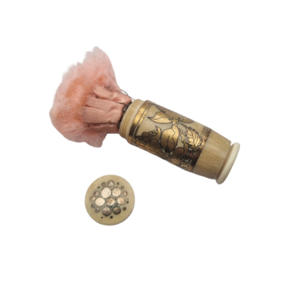 Rare Art Deco French Pleated Powder Puff with Pink Goose Down Tassel, 1920s-1930s Powder Box