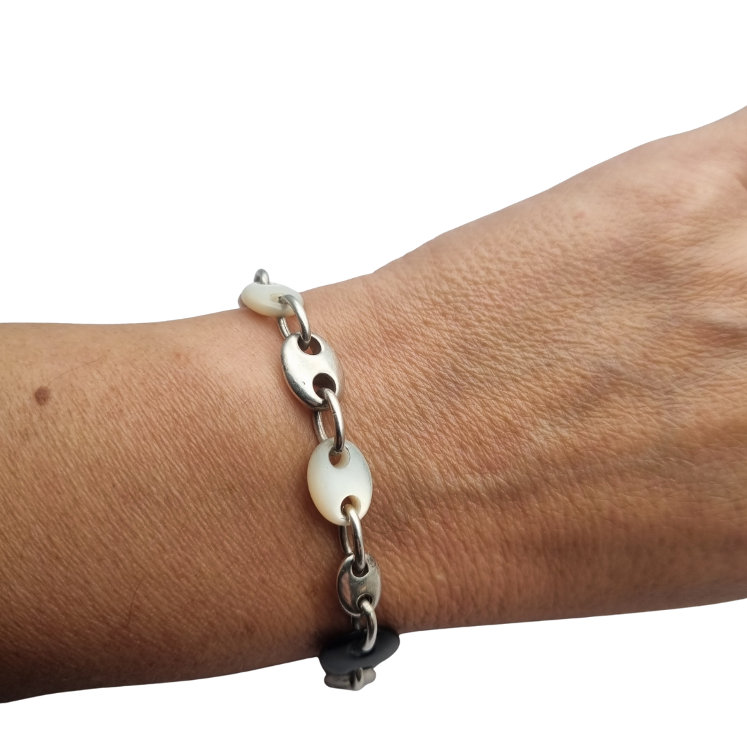 Pulsera vintage de eslabón calabrote en plata y nácar circa 1980