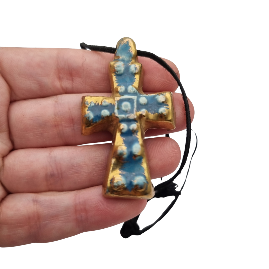 French enamelled ceramic hanging cross blue gold handmade circa 1960
