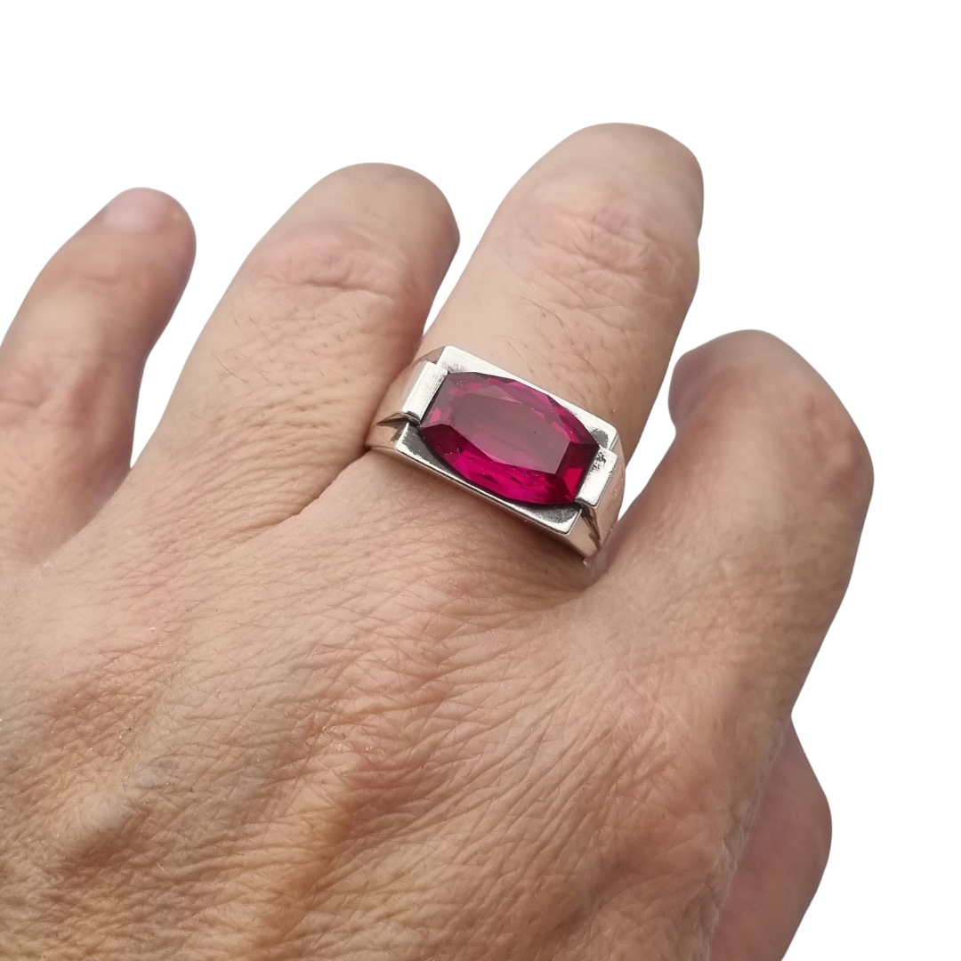Art Deco silver ring with emerald-cut red spinel, circa 1940