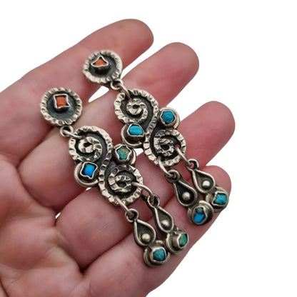 Aretes largos mexicanos para mujer plata de ley 925 coral rojo y azul turquesa