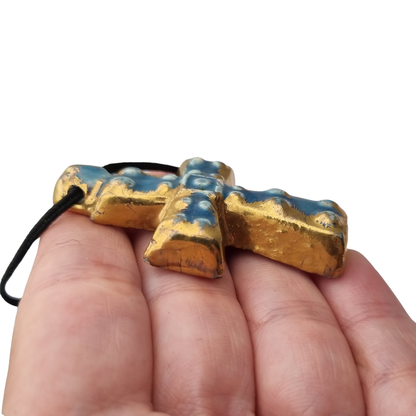 French enamelled ceramic hanging cross blue gold handmade circa 1960