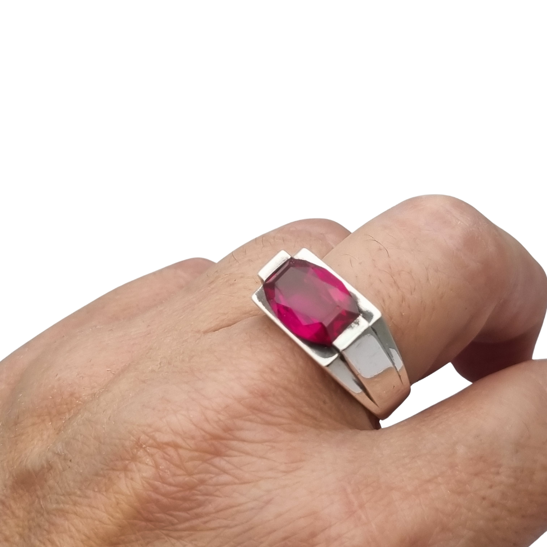 Art Deco silver ring with emerald-cut red spinel, circa 1940