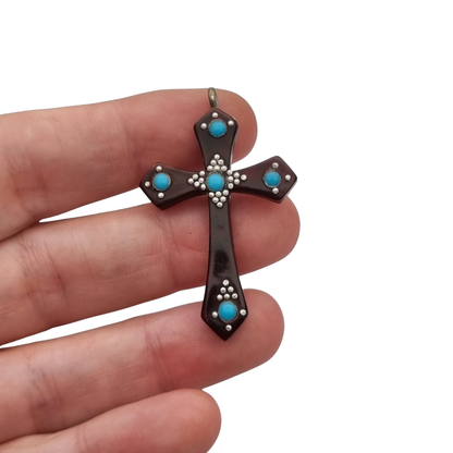 Galalith hanging cross with turquoise applications and metallic details, Spain circa 1930