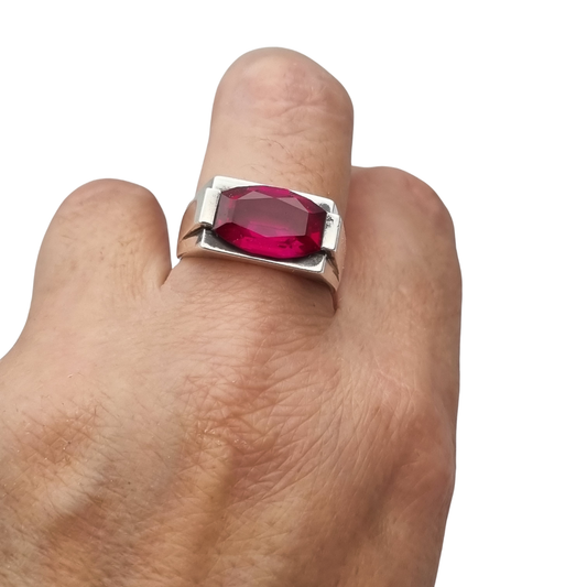 Art Deco silver ring with emerald-cut red spinel, circa 1940