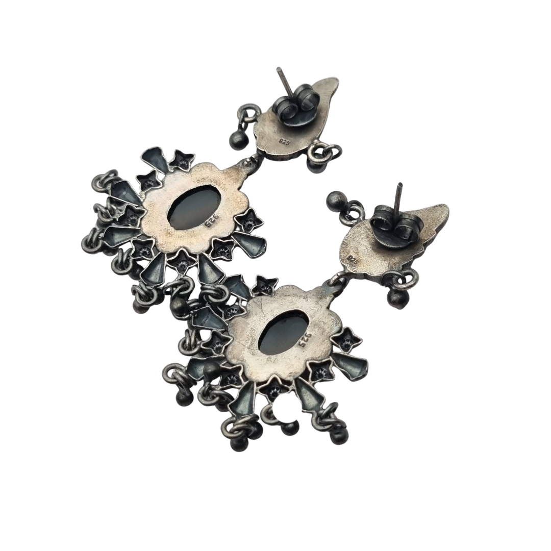 925 silver ethnic chandelier earrings with onyx, boho paisley design from India circa 1990