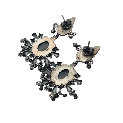925 silver ethnic chandelier earrings with onyx, boho paisley design from India circa 1990
