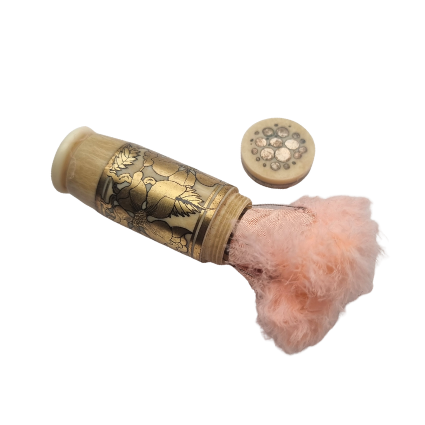 Rare Art Deco French Pleated Powder Puff with Pink Goose Down Tassel, 1920s-1930s Powder Box