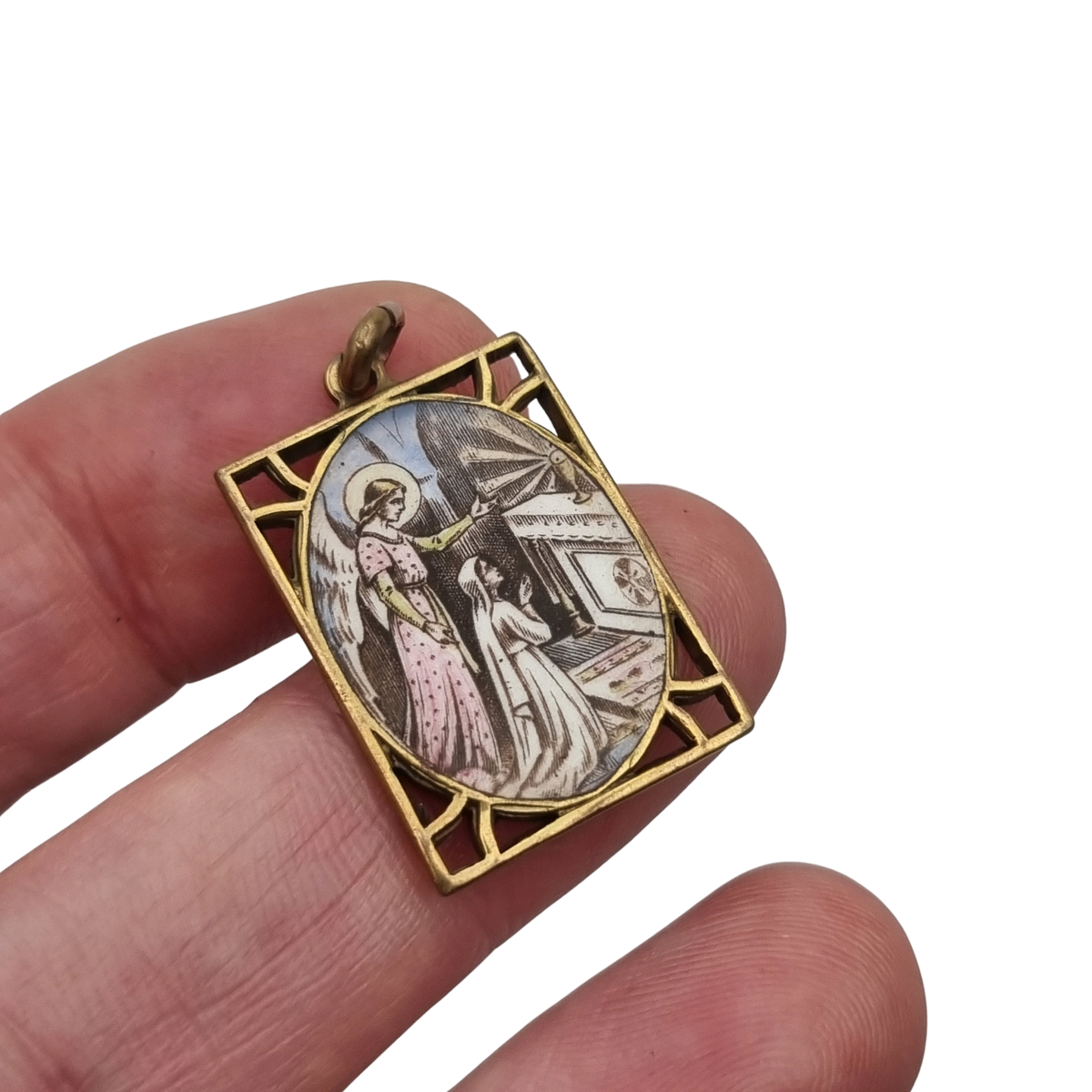 Medalla religiosa antigua esmaltada con Ángel de la Guarda, estilo Art Déco, circa 1920-1930