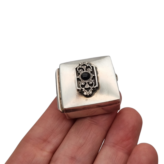 Vintage silver box with black cabochon, boho style, small decorative box, circa 1980-90