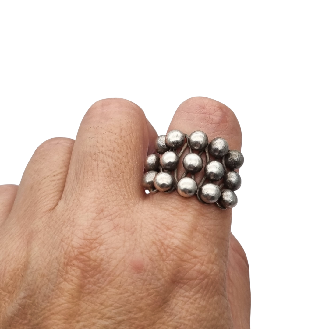 Handmade ethnic ring with boho sphere design, 20th century, geometric structure