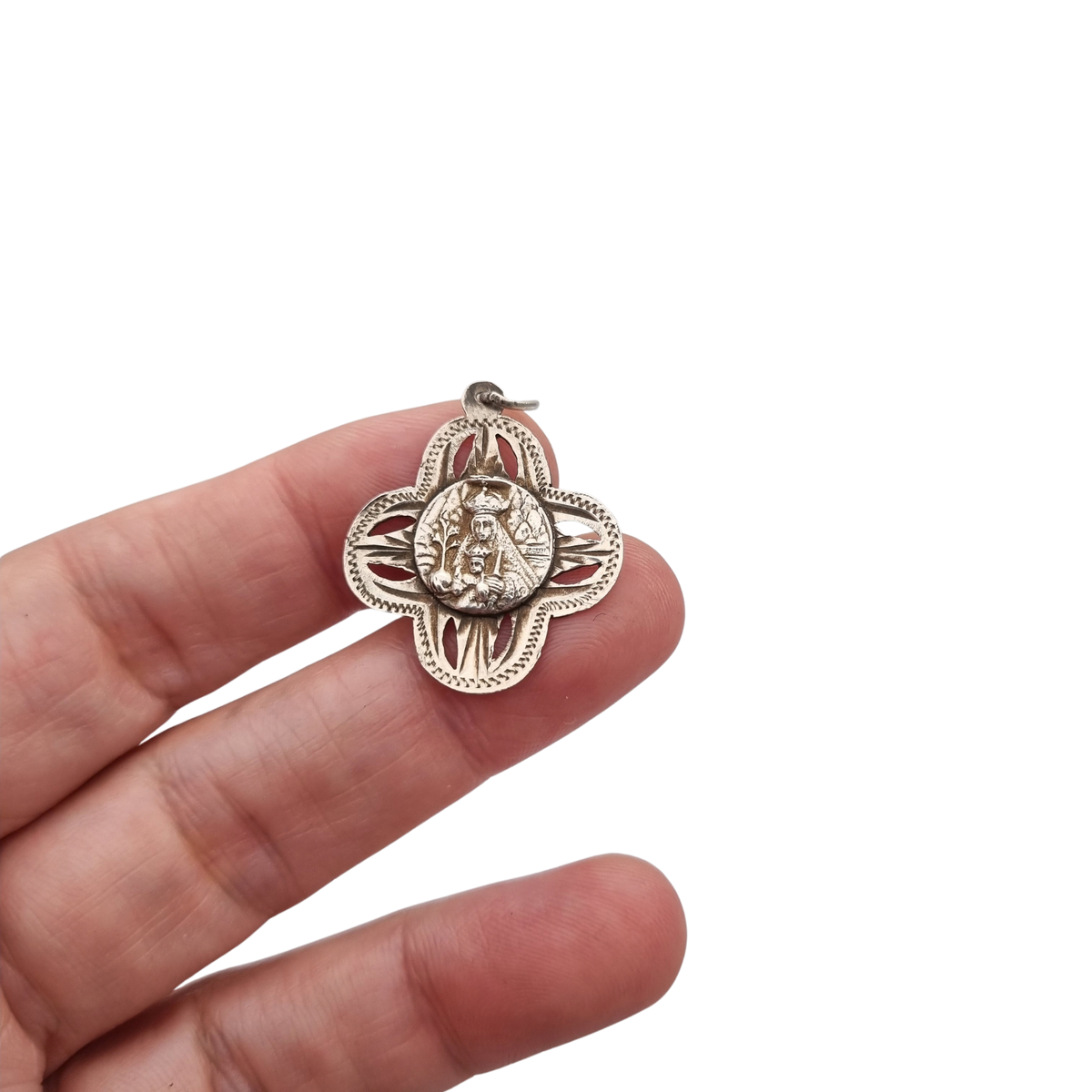 Antique openwork silver medal of the Virgin of Montserrat, Catalan devotional souvenir, ca. 1920-1950