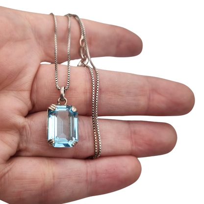 Art Deco sterling silver necklace with rectangular faceted blue stone pendant, Circa 1980s-90s