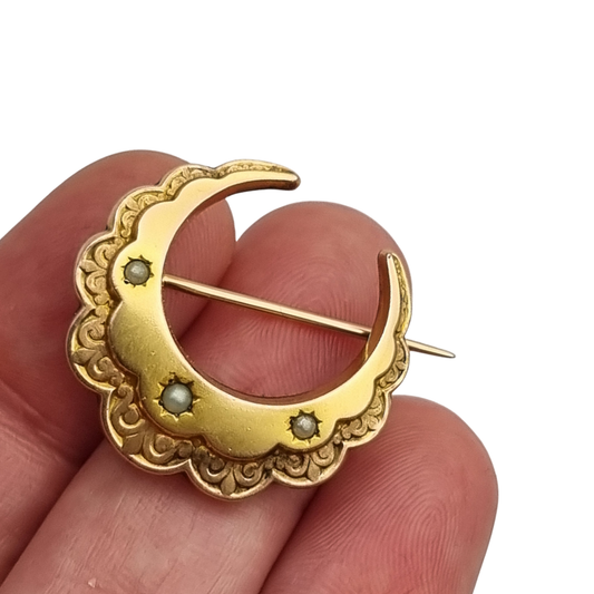 Broche luna creciente FIX chapado en oro con perlas Belle Époque circa 1900