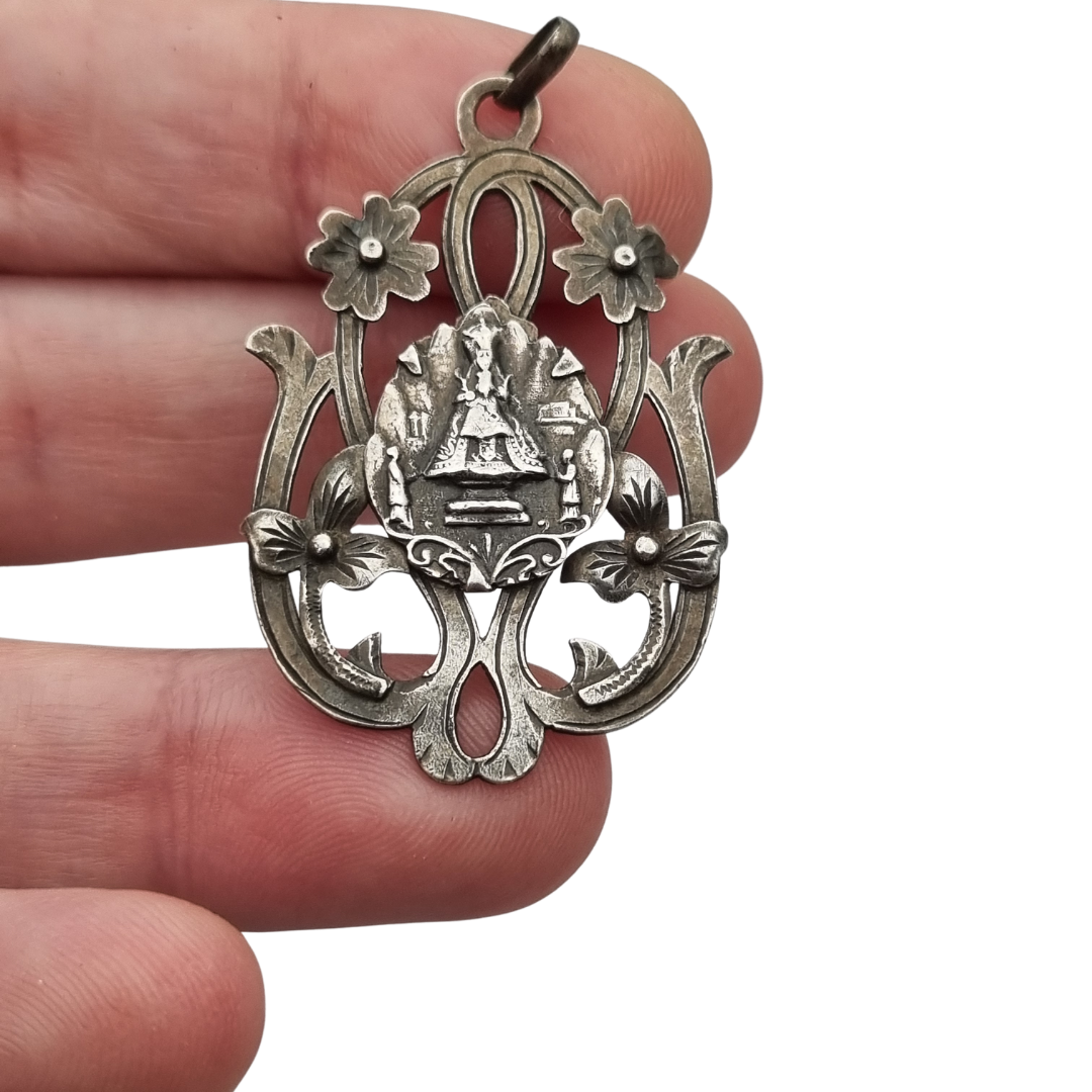 Art Nouveau silver pendant, Our Lady of Montserrat, La Moreneta, religious jewelry, 1920