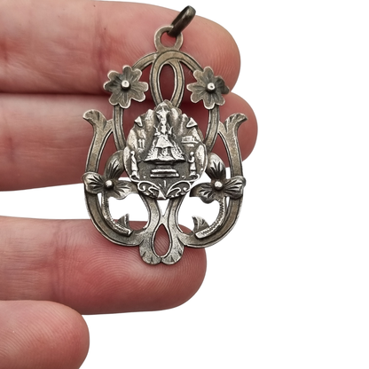 Art Nouveau silver pendant, Our Lady of Montserrat, La Moreneta, religious jewelry, 1920