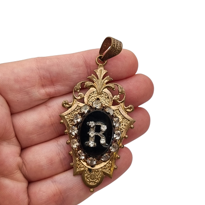 Antique Victorian mourning locket and sentimental jewelry with onyx and rhinestones, Spain, ca. 1890–1920