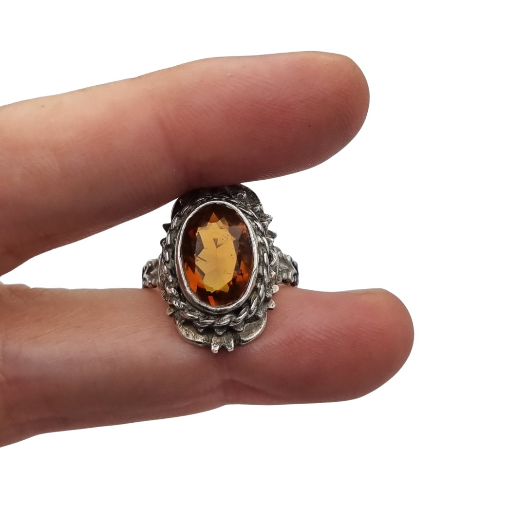 1950s-1960s silver ring with cognac-colored faceted crystal and ornamental design