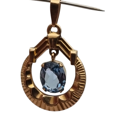 French FIX Art Deco Rolled Gold Pendant with Faceted Blue Stone, circa 1930–1940