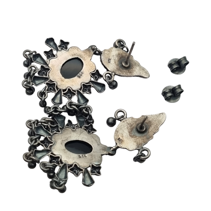 925 silver ethnic chandelier earrings with onyx, boho paisley design from India circa 1990