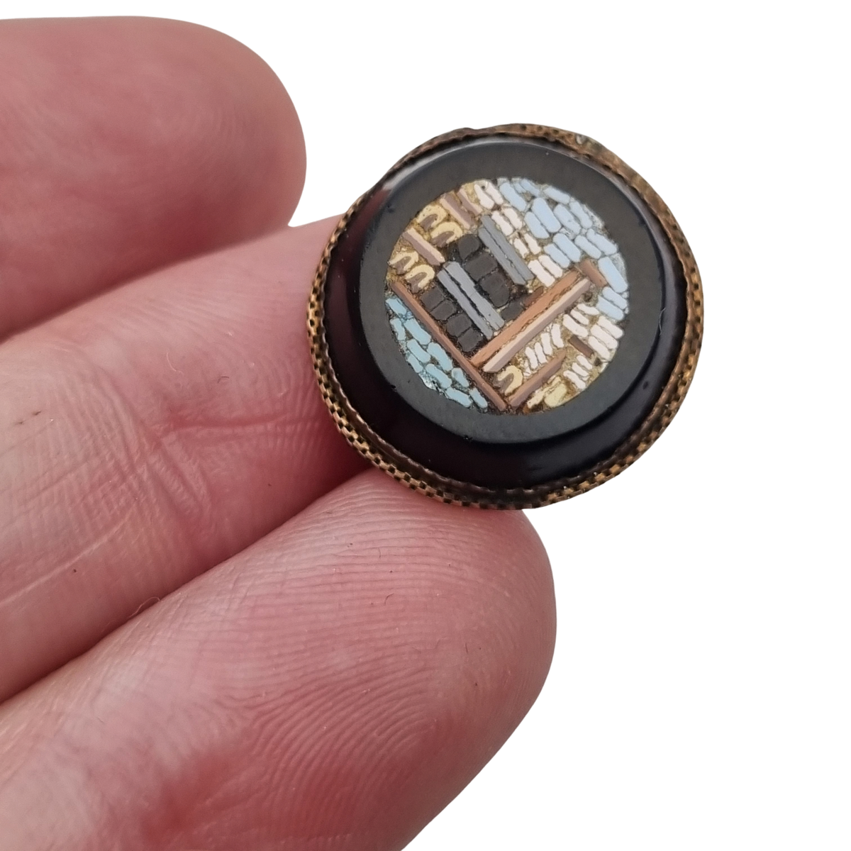 Antique Italian Grand Tour Micro-mosaic Pin on Black Glass, ca. 1880–1910