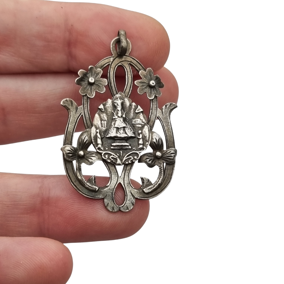 Art Nouveau silver pendant, Our Lady of Montserrat, La Moreneta, religious jewelry, 1920