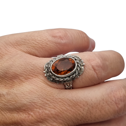 1950s-1960s silver ring with cognac-colored faceted crystal and ornamental design