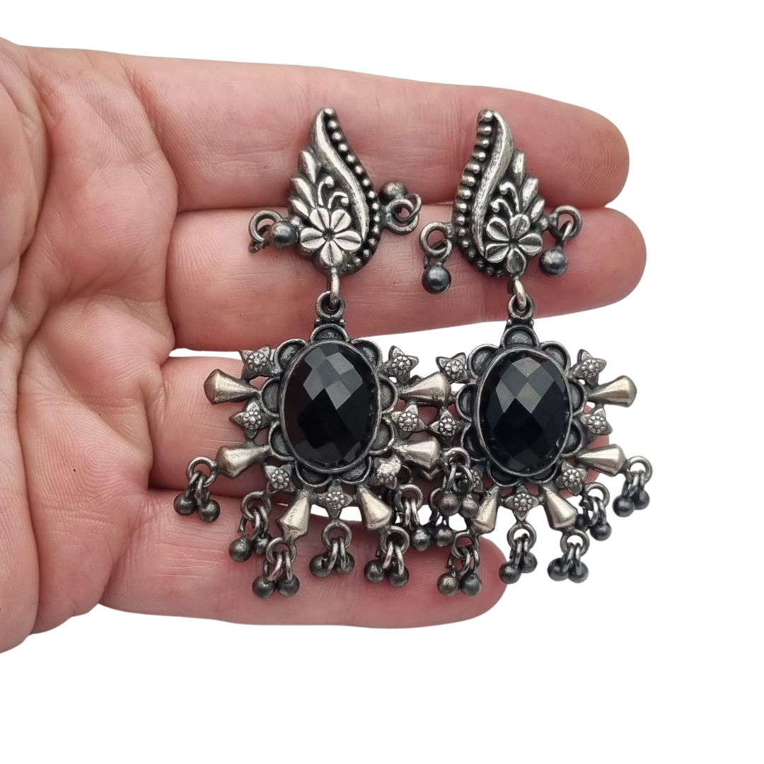 925 silver ethnic chandelier earrings with onyx, boho paisley design from India circa 1990