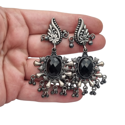 925 silver ethnic chandelier earrings with onyx, boho paisley design from India circa 1990