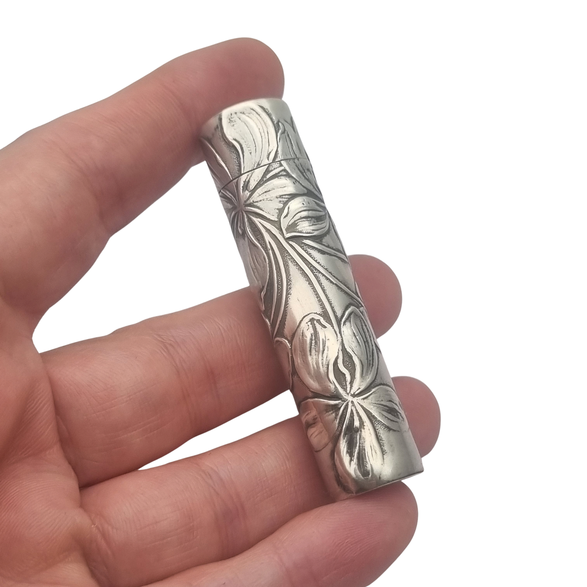 Perfumero Antiguo Art Nouveau de Plata con Decoración Floral en su Estuche, circa 1900