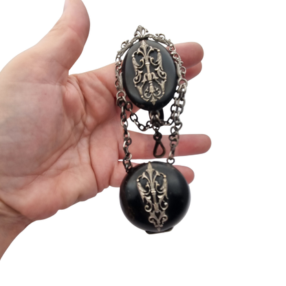 Black French Victorian watch chatelaine with chains, circa 1850-1890