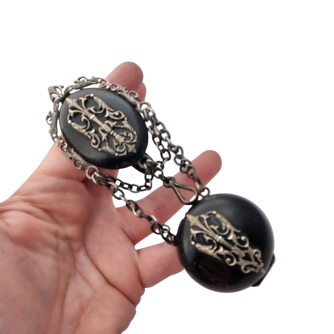 Black French Victorian watch chatelaine with chains, circa 1850-1890