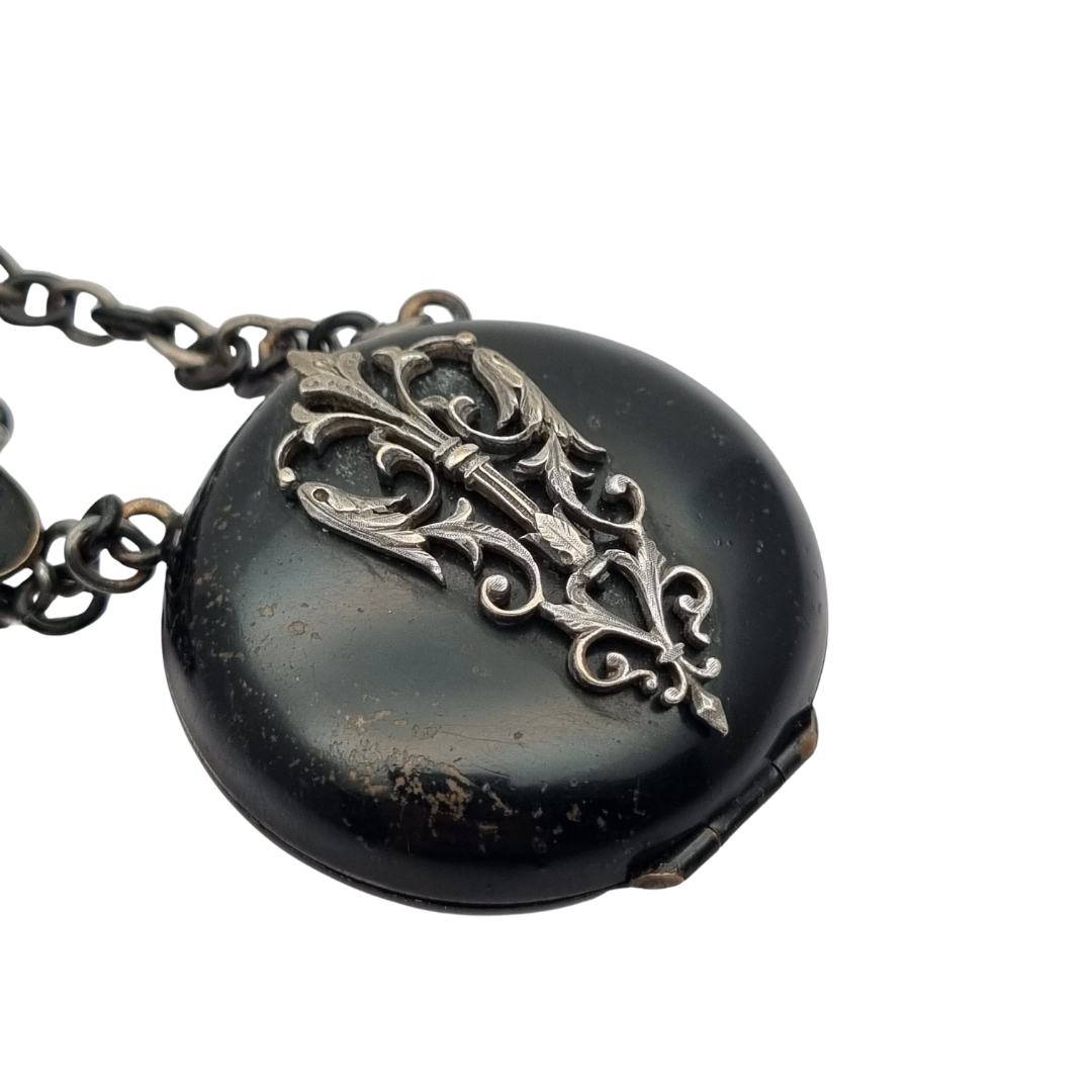 Black French Victorian watch chatelaine with chains, circa 1850-1890
