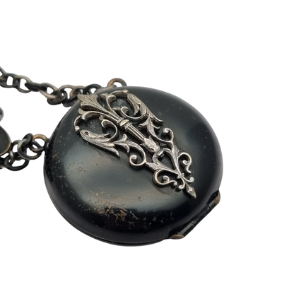 Black French Victorian watch chatelaine with chains, circa 1850-1890